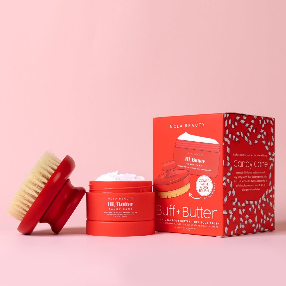 NCLA Beauty Buff & Butter Dry Brush + Body Butter Set - Candy Cane