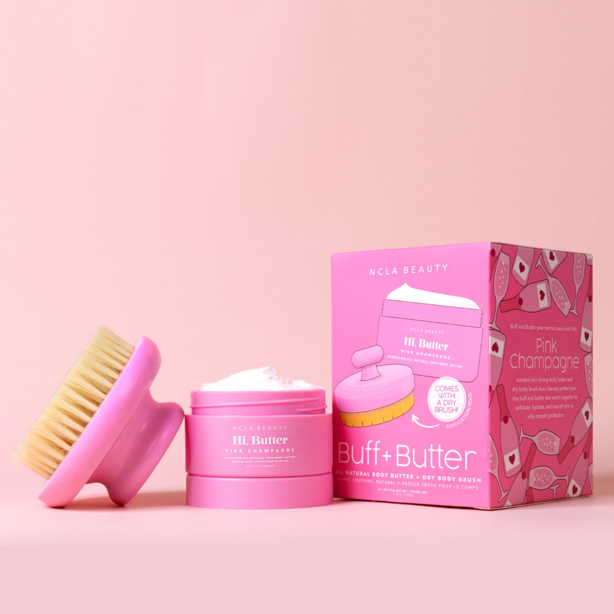 NCLA Beauty Buff & Butter Dry Brush + Body Butter Set - Pink Champagne